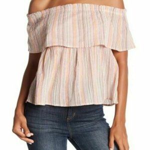 LUCKY BRAND Pink Striped Crinkle Off Shoulder Top XS